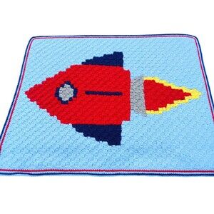 Hand Knitted Afghan SPACE ROCKET SHIP Crochet Throw Blanket Baby Nursery Decor